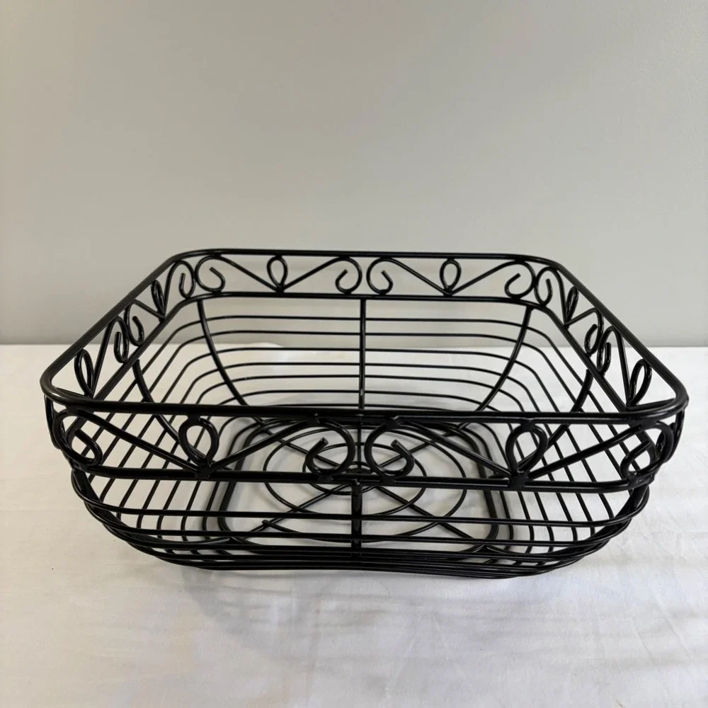 Black Metal Retro‎ Square Basket Scrollwork Decorative Fruit Storage 10x10x4.5
